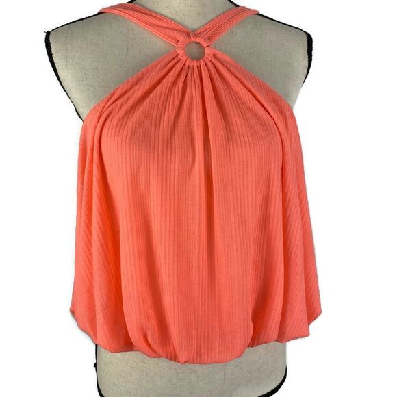 FREE PEOPLE Just A Fling Tank Top Bubble Hem Halter Coral Electric Womens Med - Picture 13 of 13